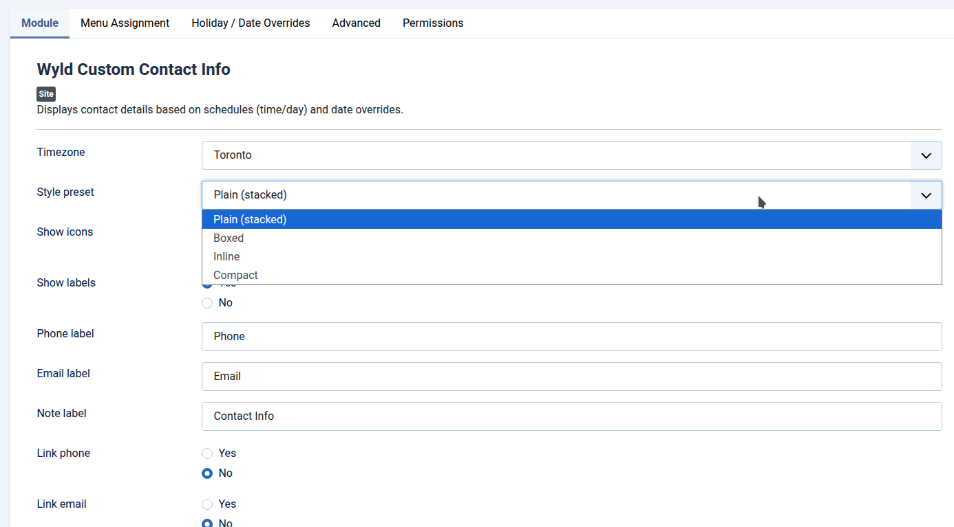 Layout options for Custom Contact Info Module